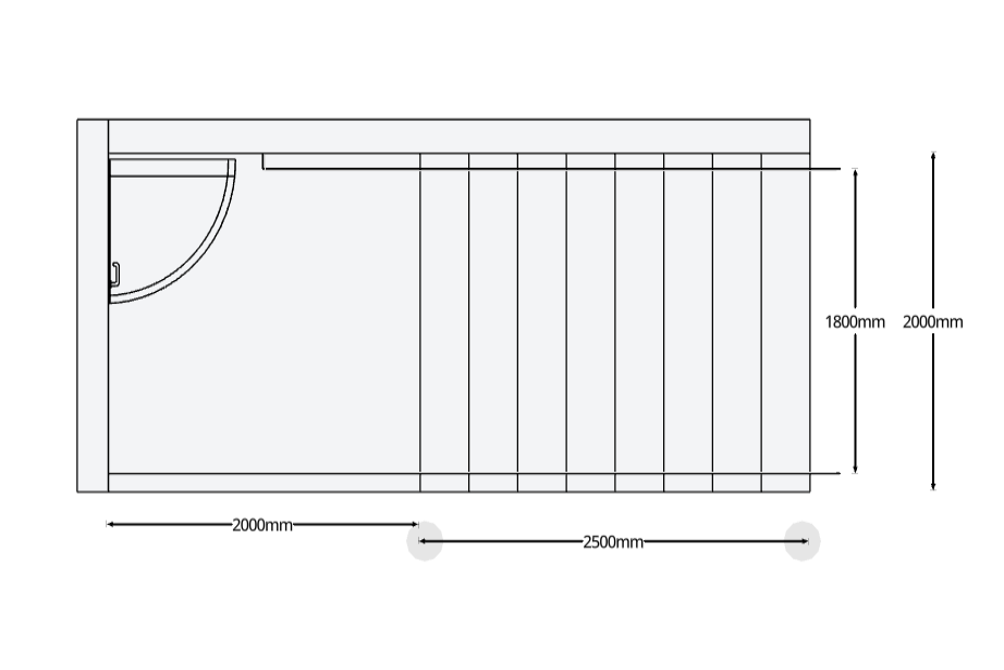 Set of stairs connected to a landing. The stairs width and length is indicated. There is two handrails to support the stairs.