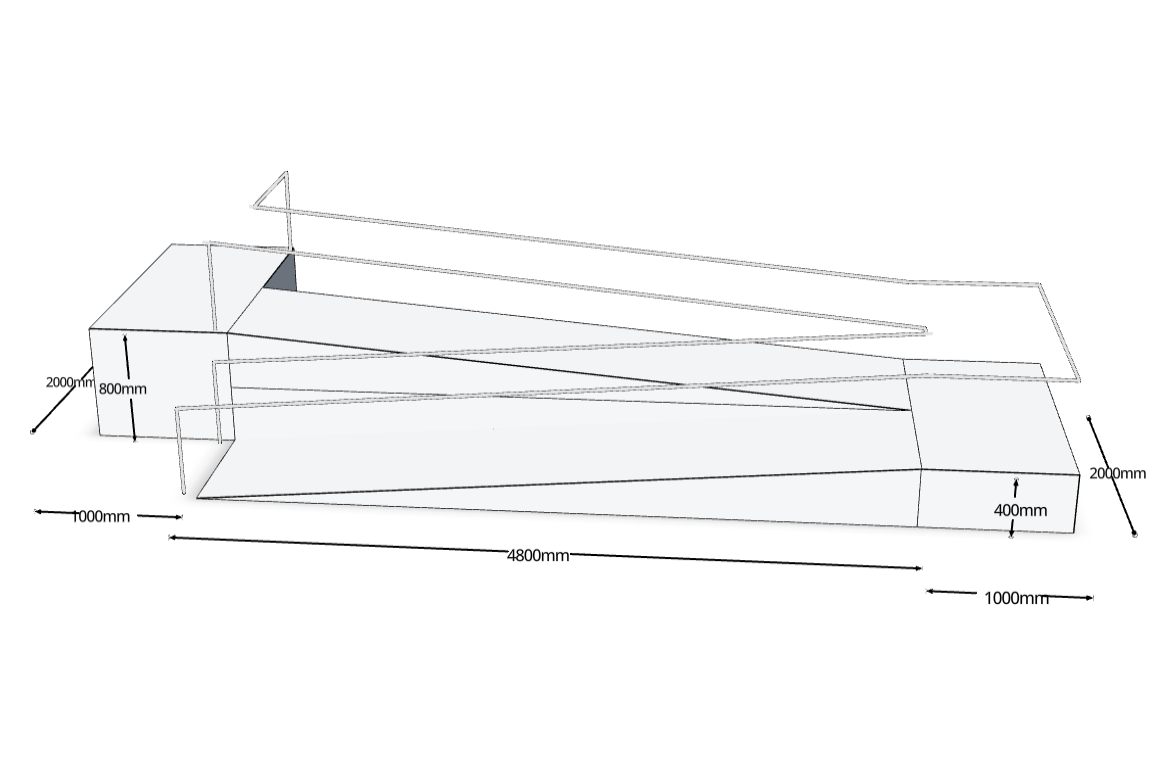 Side view of landings with steps and rails drawn to specification. Uses two ramps and two landings.